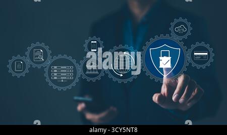 Cybersecurity Management and Data Protection Concept. Showcasing a cyber security management interface with icons representing secure data, cloud stor Stock Photo