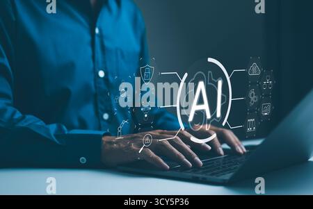 Artificial intelligence technology concept. A technology professional interacts with icons representing different aspects of artificial intelligence o Stock Photo