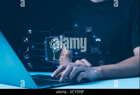 Artificial Intelligence. Man uses AI software technology for business tasks and daily life. Ai chat and command prompt to generate. smart robot Stock Photo