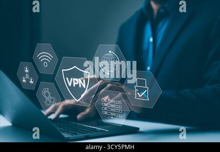 Virtual private network encryption connection concept. Using VPN for secure internet access. A businessman securely accesses the internet through Stock Photo