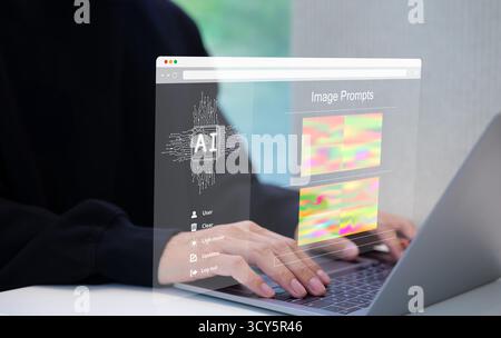 AI prompt image generator technology. Use AI software on laptop to generate images, futuristic user interface. screen with visual prompts. creation Stock Photo
