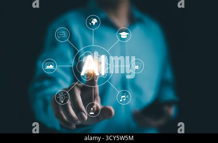 Businessman uses AI software technology for business tasks and daily life. Ai chat and command prompt to generate answer what he wants. smart robot Stock Photo