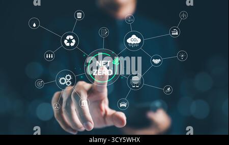Carbon neutrality Concept. Person interacting with a digital interface displaying various icons related to net zero carbon emissions, sustainability, Stock Photo