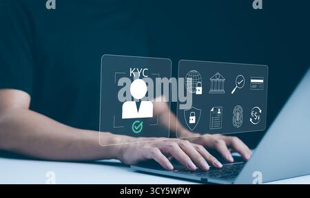 Know Your Customer (KYC) Concept. A person works on a laptop, displaying digital icons representing Know Your Customer (KYC) processes, Stock Photo