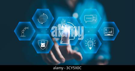 AI, Artificial Intelligence Concept. Businessman interacting with digital icons representing artificial intelligence, technology, and innovation, Stock Photo