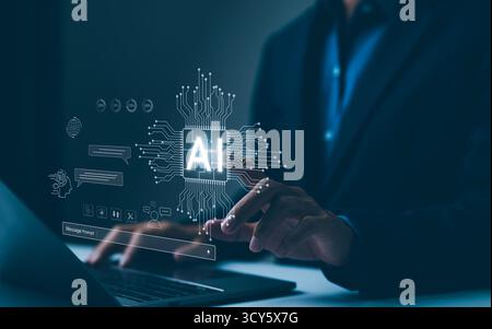 Chat with AI or Artificial Intelligence technology. Man touching chatting virtual with an intelligent artificial intelligence asks for answers Stock Photo