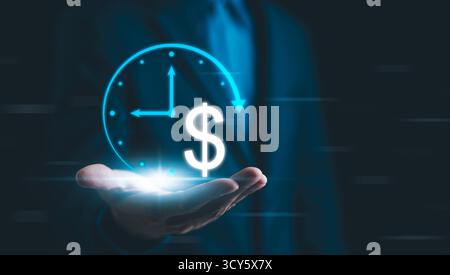 ROI, Return on Investment Concept. A businessman in a suit holds a holographic clock and dollar symbol, representing the concept of time and financial Stock Photo