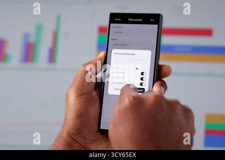 African American Man Using Password Manager App On Mobile Device. Professional In Cybersecurity Ensures Data Safety Stock Photo