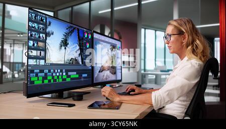 Woman Editing Video With Software On Desktop Computer Editor Stock Photo