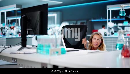Fearful Woman Hiding Behind Chair, Scared And Worried Expression Behind. Stock Photo