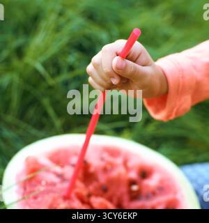 Childs hand holding straw in watermelon outdoors on grass background. Stock Photo