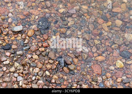 A closeup view of colorful pebbles and smooth stones beneath clear water, creating a natural, textured surface. Perfect for backgrounds, nature scenes Stock Photo