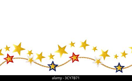 Holiday frame (border). Garland of gold, red, blue and white stars on a rope, isolated on a white background. New Year, Christmas or holiday decor for Stock Photo
