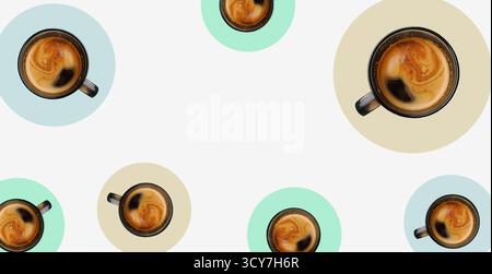 Modern minimal design coffee wallpaper. Coffee cup from above, coffee with foam, dark glass cup, coffee sip. Colorful circles. Coffee drink patterns Stock Photo