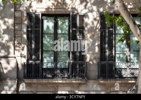 Two balconies with rectangular glass windows and doors with folding doors against a stone wall. From the "Windows of the World" series. Stock Photo