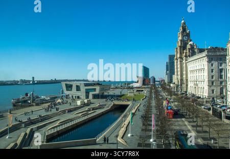 Panorama view of Pier Head and River Mersey from Museum of Liverpool Stock Photo