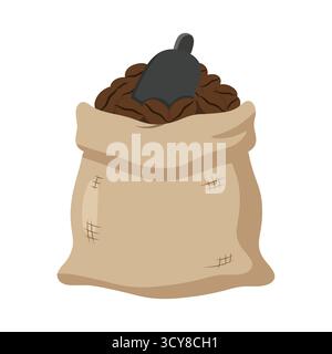 Coarse jute sack with visible stitching and scoop in roasted beans. Great for coffee storage, retail, or farm-to-cup visuals. Evokes rustic charm and Stock Vector