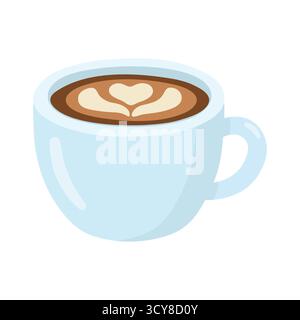 Glossy cup filled with latte featuring heart and leaf latte art. Perfect for coffee culture, barista skill, or cozy café scenes. Smooth design and war Stock Vector
