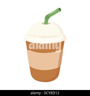 Stylized iced drink cup with whipped cream dome lid and green straw. Brown body with beige sleeve. Perfect for menu design refreshment ads and beverag Stock Vector