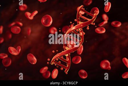 Red blood cells and biological DNA, 3d rendering. 3D illustration. Stock Photo