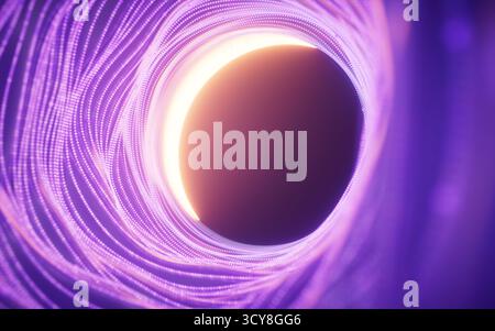Dark round tunnel with glowing neon lines, 3d rendering. 3D illustration. Stock Photo