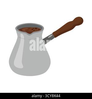 Metal cezve with wooden handle filled with foamy Turkish coffee. Classic brewing tool from Middle Eastern and Balkan cultures. Great for tradition bev Stock Vector