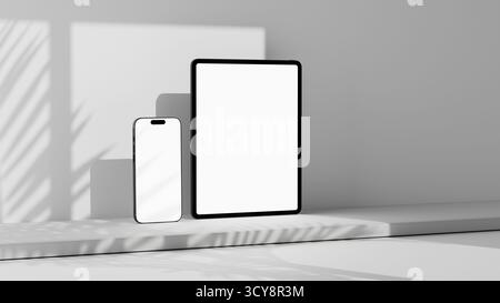 Tablet and phone in a scenary for mockup. Template with empty different screen sizes monitor. App and web design. User Interface. Asset for presentati Stock Photo