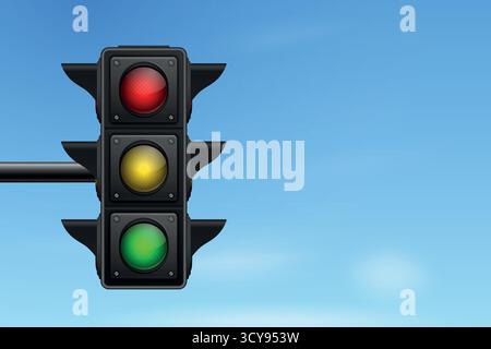 Traffic Light on Blue Sky Background. Red Yellow Green Traffic Light Signal. Stoplight Traffic Light. Signal for City Street, Transport Safety Stock Vector
