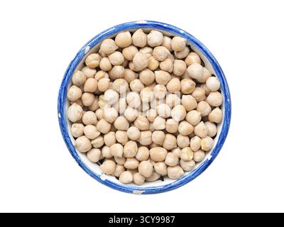 Many chickpeas in small blue cup isolated on white Stock Photo