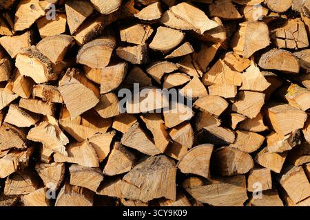 Stacked chopped firewood background. Wooden logs prepared for winter heating. Natural wood texture and pattern. Sustainable energy and forestry. Stock Photo