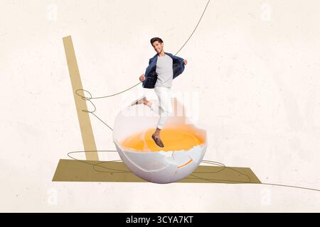 Trend poster collage of person stand yellow yolk egg on pastel background Stock Photo
