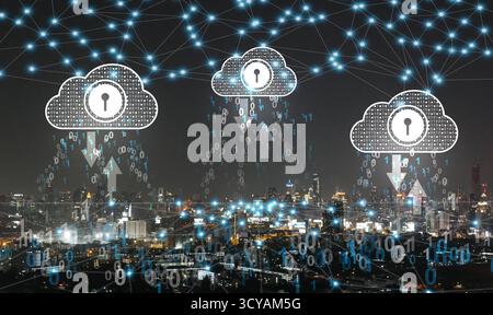 Secure cloud computing and data protection system visualizing binary code, information flow, and modern smart city network technology for digital tran Stock Photo