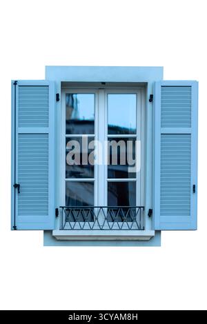 Traditional Blue French Window with Open Shutters and Decorative Balcony Railing on White Background Stock Photo
