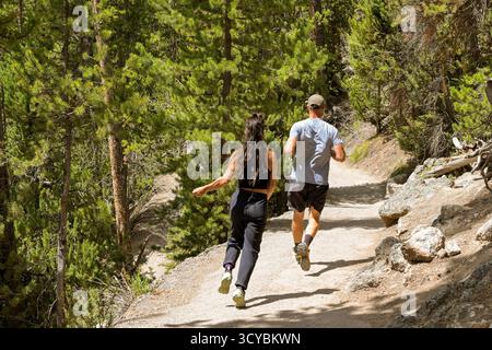 Yellowstone, Wyoming, USA - 30 May 2025: Two people running downhill through a wooded area on a mountain path in Yellowstone National Park. Stock Photo