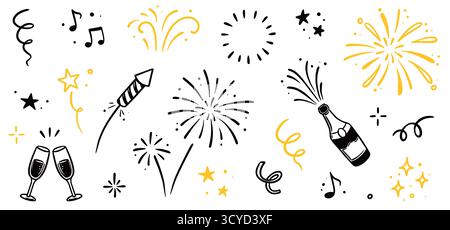Fireworks new year set. Hand drawn vector elements with doodle golden confetti, firecracker and festive sparkle for birthday, party, or new year celebration. Gold firework vector illustration Stock Vector
