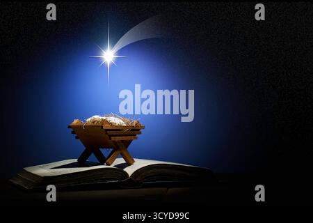 Wooden manger and star of Bethlehem in cave, nativity scene background ...