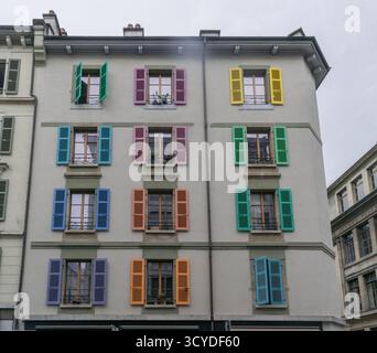Geneva, Switzerland - October 12, 2025: Building with colourful shutters. Stock Photo