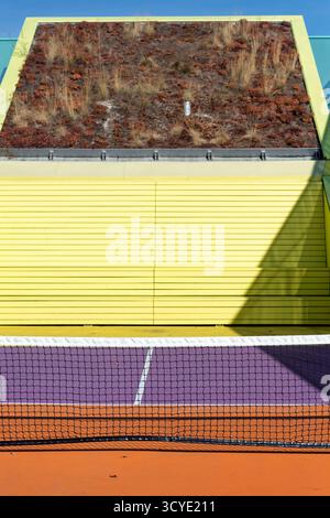 Vibrant outdoor pickleball court with colorful surfaces and modern architecture featuring a green roof and geometric shadow patterns Stock Photo