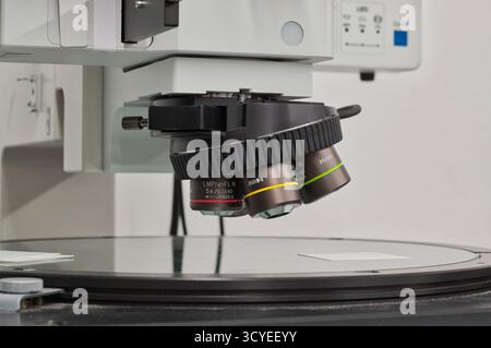 Measuring microscope partial in laboratory selective focus science research lab equipment. Stock Photo