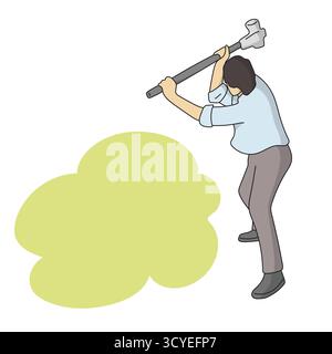 man using hammer on yellow blank space illustration vector hand drawn with black lines Stock Vector