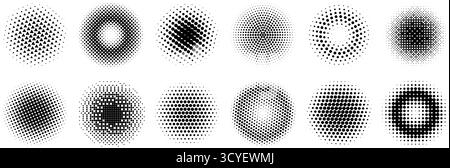Halftone radial gradient collection. Dotted textured round patterns. Cartoon faded circles background set. Pixelated bitmap element pack for frame, poster, collage, banner, flyer. Vector comic bundle Stock Vector
