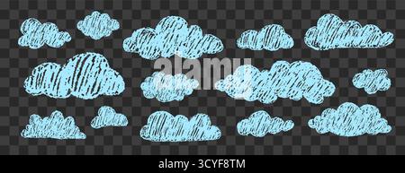 Cartoon fluffy blue clouds. Playful textured hand drawn weather doodles for children apparel or stickers. Sky elements. Vector illustration isolated Stock Vector