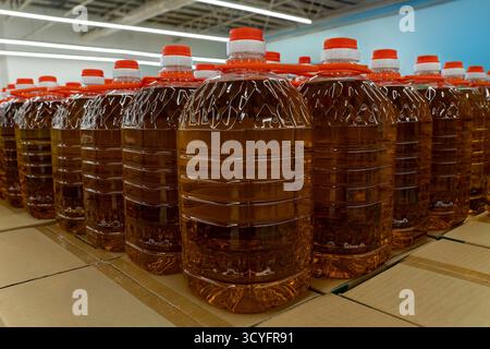 Large plastic bottles filled with cooking oil arranged in rows on cardboard boxes. Food supply, retail, and bulk packaging concept. Stock Photo