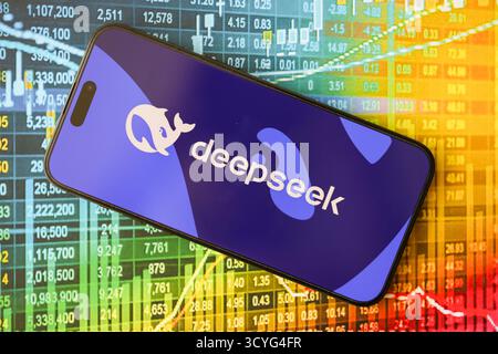 KYIV, UKRAINE - JANUARY 29, 2025 Deepseek app logo icon displayed on a smartphone screen. Chinese AI startup with the release of advanced AI models Stock Photo