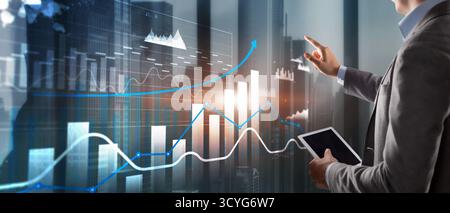3D charts with up arrows, business panel on virtual screen. Stock Photo