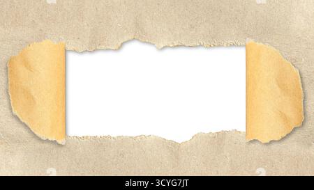 Horizontal light brown paper, revealing a smooth, white space in the center. Edges torn paper are rough and naturally ragged. Sections of paper peeled Stock Photo