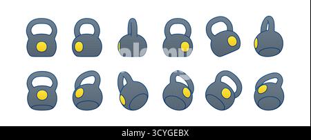 Vector illustration of kettlebell set in flat minimal style. Collection of kettlebell icons shown from different angles and perspectives. Fitness Stock Vector