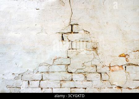 Aged brick wall surface showing cracks, decay, and weathered damage. Worn urban pattern, Stock Photo