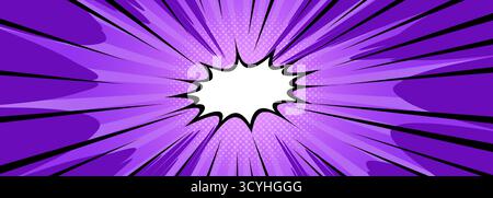 Purple comic burst with superhero cloud explosion, black outlines and radial speed lines from white center empty text box. Halftone dots for dynamic action panels or retro pop art backgrounds. Stock Vector