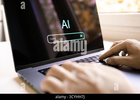 AI prompt to generate content or image with computer. Text model. Artificial intelligence in laptop. Photo generator at creative work. Stock Photo